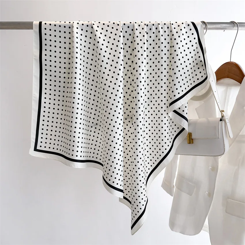 90*90cm Polka Dot Quadratischer Schal für Damen, weicher Satin, Seidenschals, Bandanas, luxuriöser Hijab, Halstuch, eleganter Schal, Wickeltuch – Detail 7
