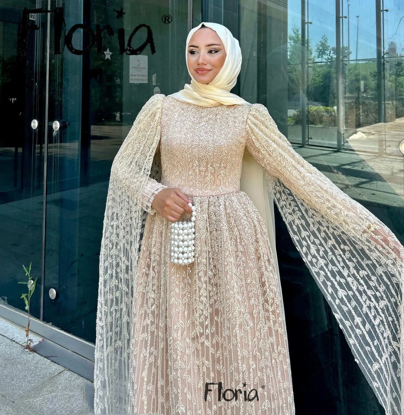 

Floria Muslim Long Sleeve Heavy Beaded Evening Dress With Cloak Plus Size A Line Wedding Party Gowns Abiti Da Cerimoni Dubaia