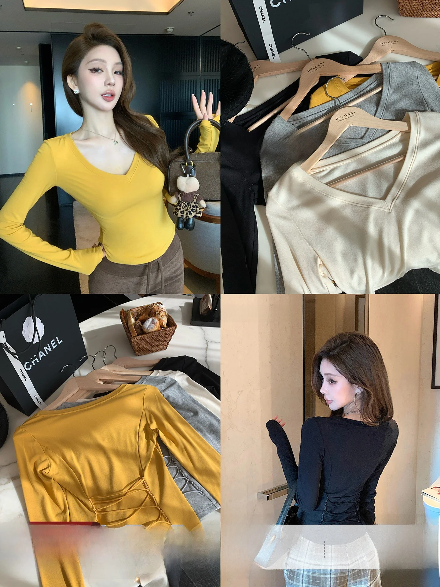 

Qiu Rou Yao Bas V-Ne T-irt Women's Slim Fit Long Sve Floing Base irt Autumn Winter New Sle Casual Wear