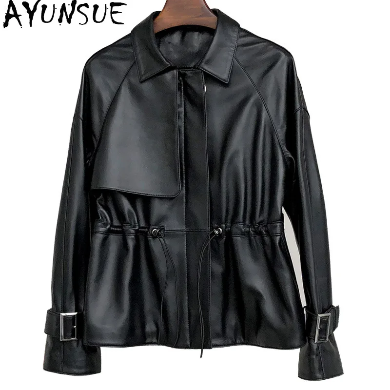 AYUNSUE Genuino Giacca di Pelle Vestiti Delle Donne 2025 Primavera Autunno Cappotto di Pelle di Pecora Donna Vita Nera Jaqueta De Couro