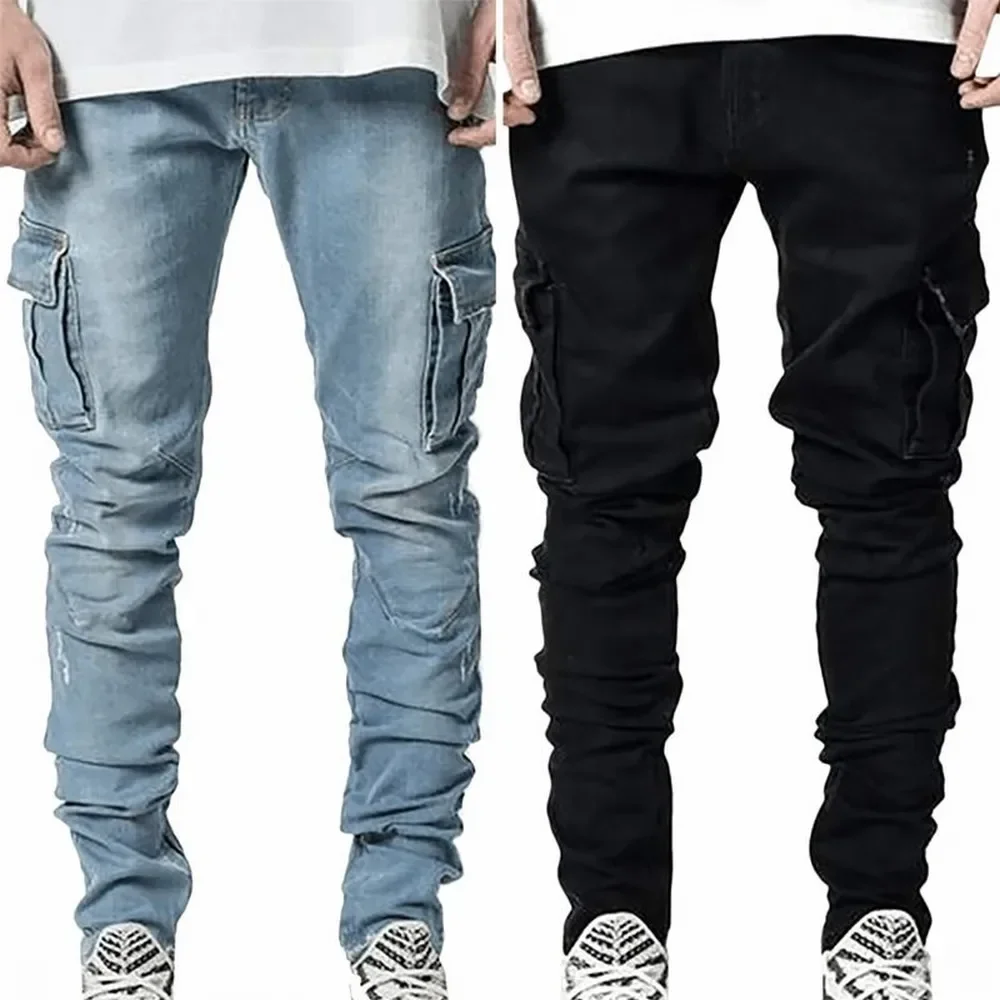 Sokak elastik kot erkekler Denim kargo pantolon yıkama düz renk çok cepler rahat orta bel pantolon Slim Fit günlük giyim Joggers