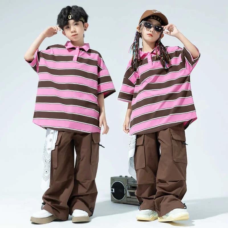 Kids Hip Hop Dance Outfit Pink Striped Polo Top Brown Pocket Cargo Pants Girls Boys Jazz Kpop Stage Performance Costume