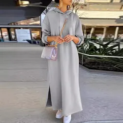 Women Sweatshirt Dress Drawstring Long Sleeve Side Split Hem Pullover Dress Thickened Fleece Lining Hooded Maxi Dress