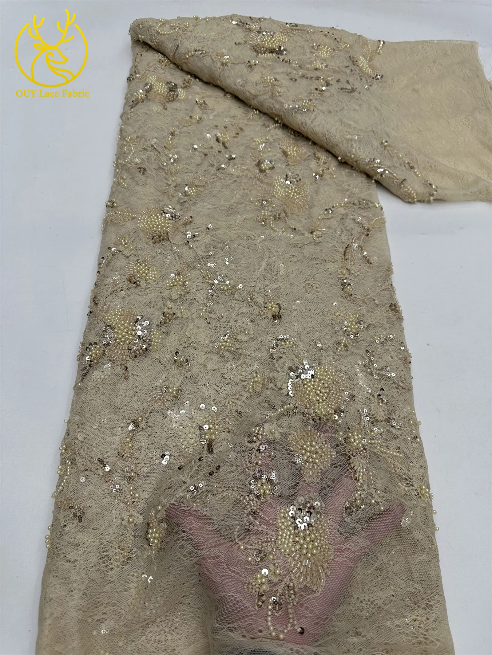 Afrikanischer Spitzenstoff, französische Kordelstickerei, Perlen, Pailletten, Tüllnetz für Damen, Hochzeit, Party, Kleid, Nähen, hohe Qualität, 5 Yards – Detail 17