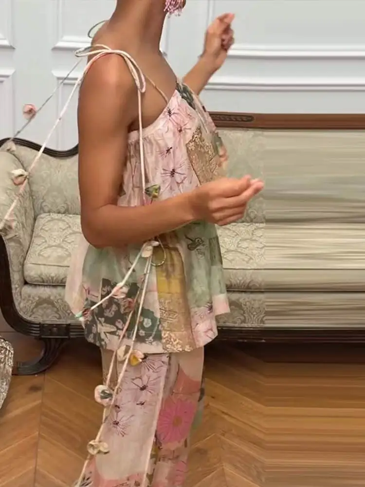 3D-Blumenbedruckte Spitzen-Oberteile mit Schnürung und Hosenanzüge für Damen, sexy ärmellose, rückenfreie, schmale Oberteile, weit geschnittene Hosen, charmante Damen-Outfits, neu – Detail 7