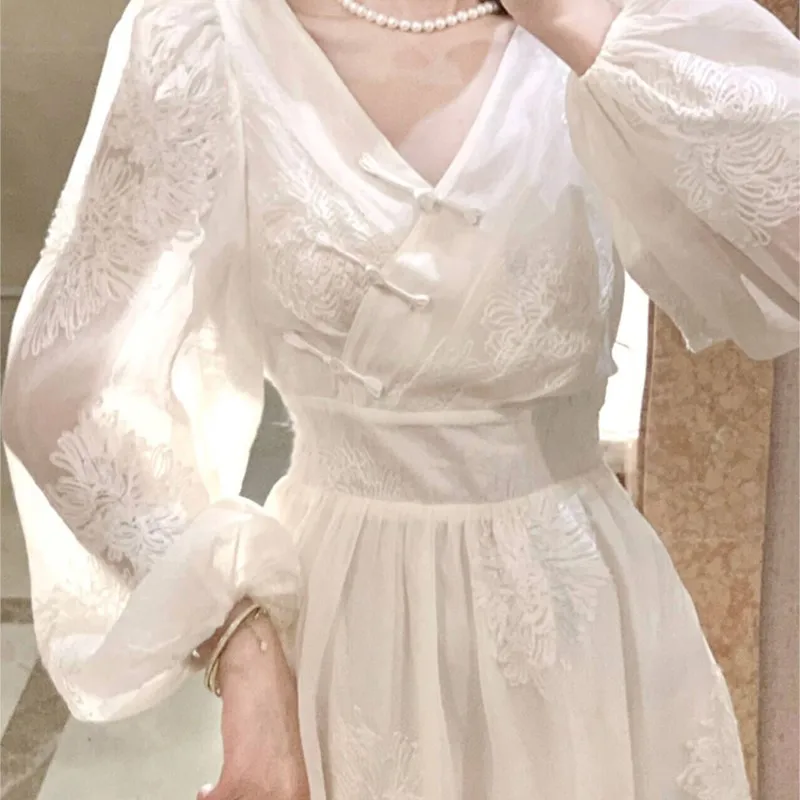 High Quality New Chinese Style Floating Flower Embroidery Dress Long Sleeve Waist Temperament Long Dress