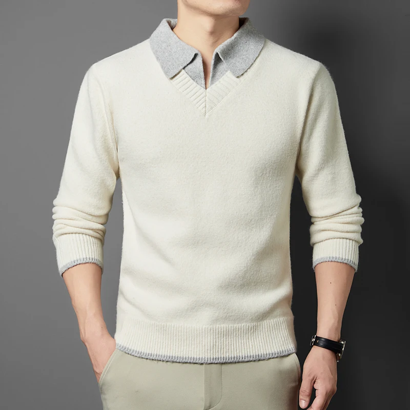 Original Brand Men's Contrast Color Lapel Fake Two-Piece Wool Knitwear Autumn Winter New Minimalist Soft Sweater Casual Menswear