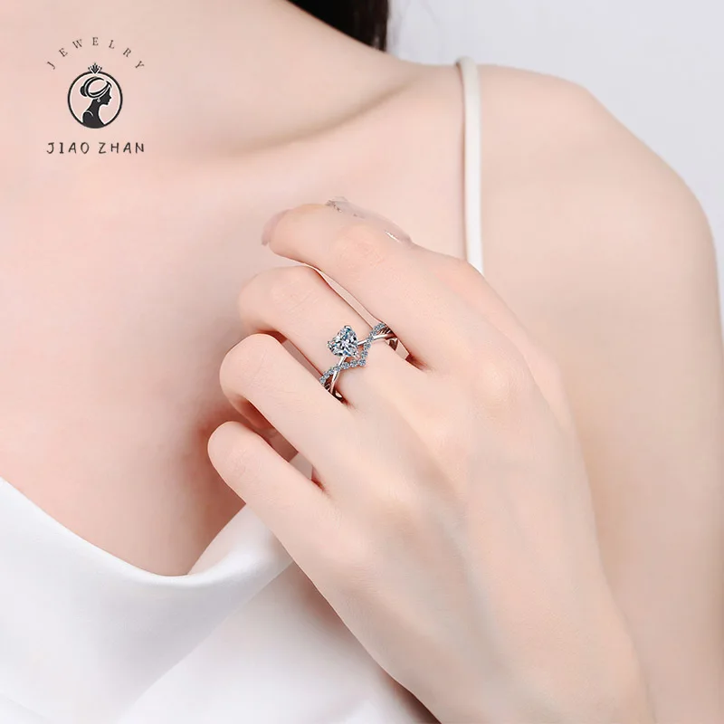 JIAOZHAN New Heart-Shaped Moissanite Ladies Ring S925 Sterling Silver Light Luxury Jewellery Birthday Wedding Anniversary Gift