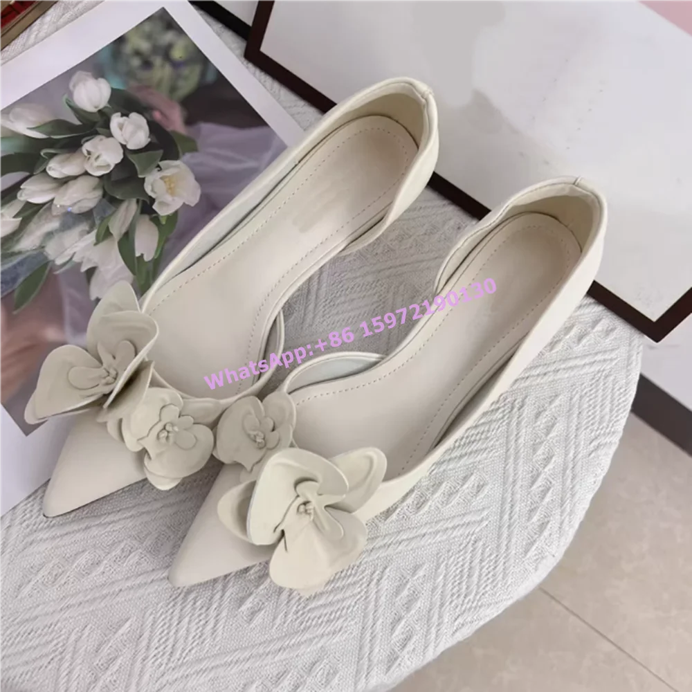 

White Flower Elegant Pumps Solid Slip On Pointy Toe Kitten Heels Side Empty Fairy Wedding Shoes Women's Sweet Summer Shoes