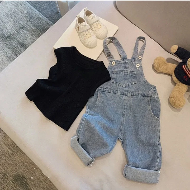 Spring Autumn Baby Overalls Solid Color All-match Children\'s Denim Overalls Casual Loose Jeans Boys Girls Denim Overalls