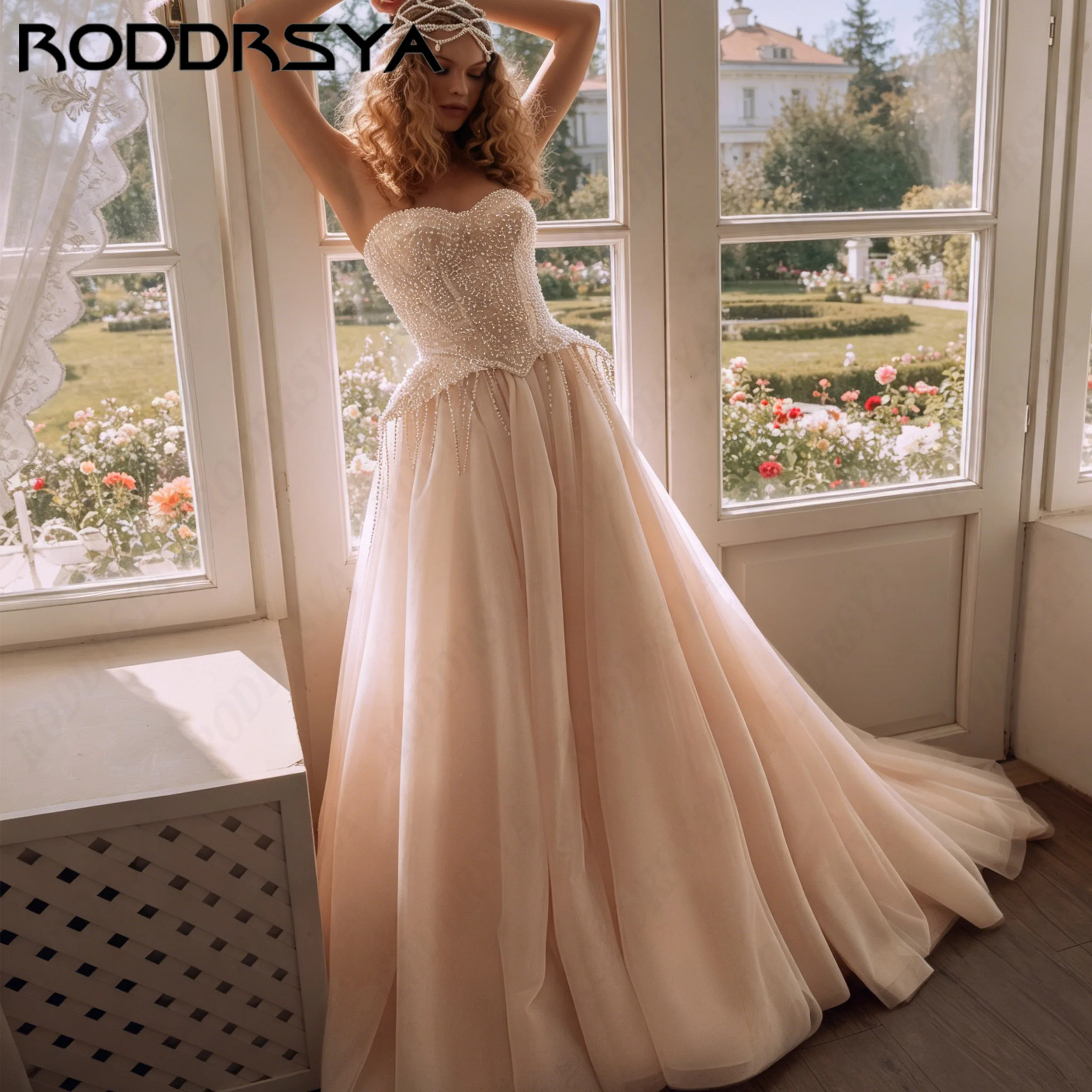 RODDRSYA Luxury Pearls Beaded Tulle Wedding Dress For Women Bridal Sweetheart Strapless Gown A-Line robe de mariée Personalized