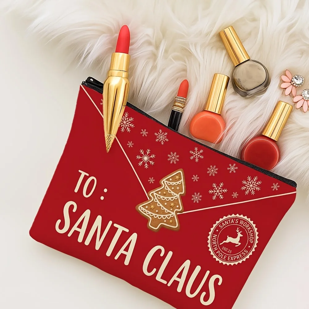 To Santa Claus Makeup Bag Red Envelope Gingerbread Tree Print Cosmetic Pouch Travel Storage Xmas Holiday Gift