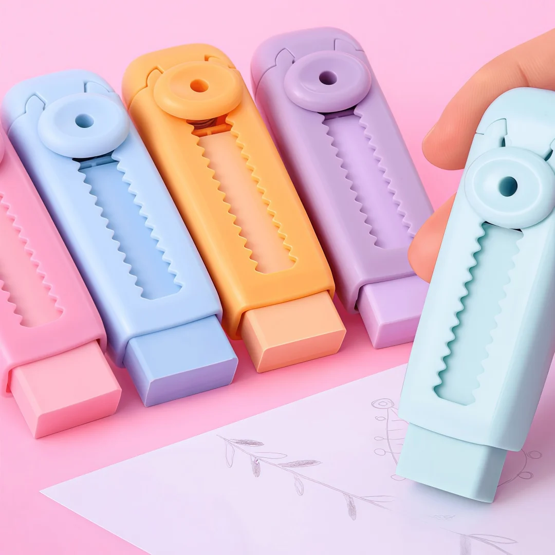 6/12Pcs  Retractable Push‑Pull Eraser Cute Cat Shape Rubber Eraser Macaron Color Student Writing Drawing Correction Eraser Schoo