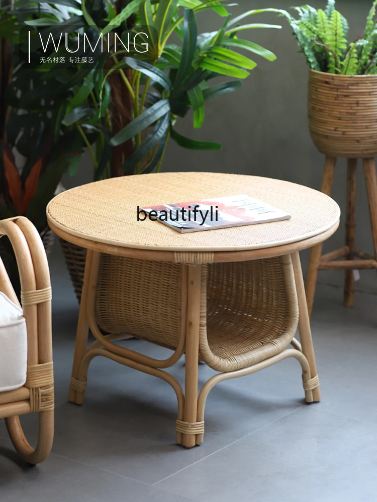 

Natural Rattan Woven Coffee Table for Living Room Home Use Ins Retro Storage Round Table Balcony Creative Storage Side Table