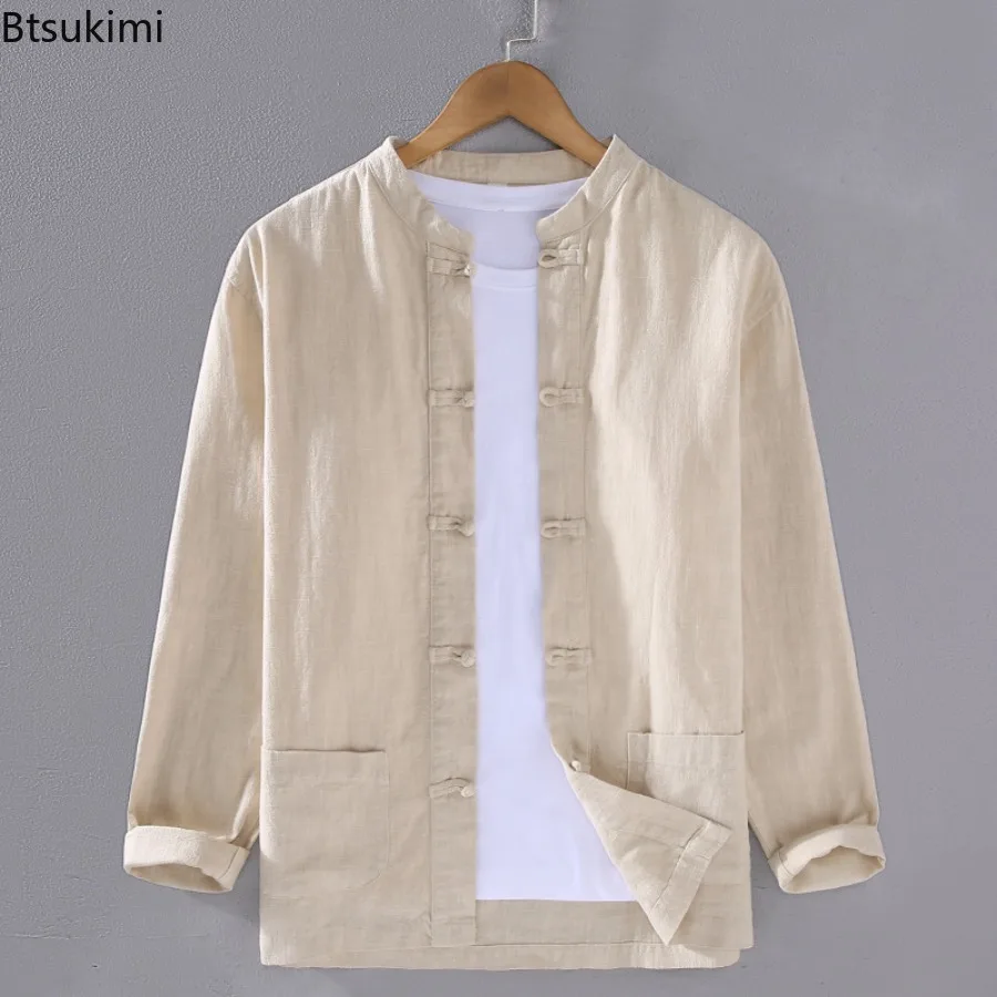 

Retro Cotton Linen Long Sleeve Shirts Men's Chinese Style Solid Casual Shirt Coats Traditional Men Clothing Hanfu Tang Suit Tops