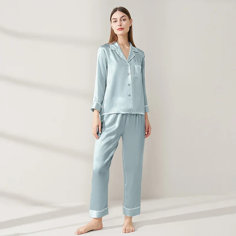 19MM Real Mulberry Silk Long Sleeve Long Pants Pajamas Set Spring Autumn Lapel Nightwear Solid Color Cardigan Pajama Loungewear