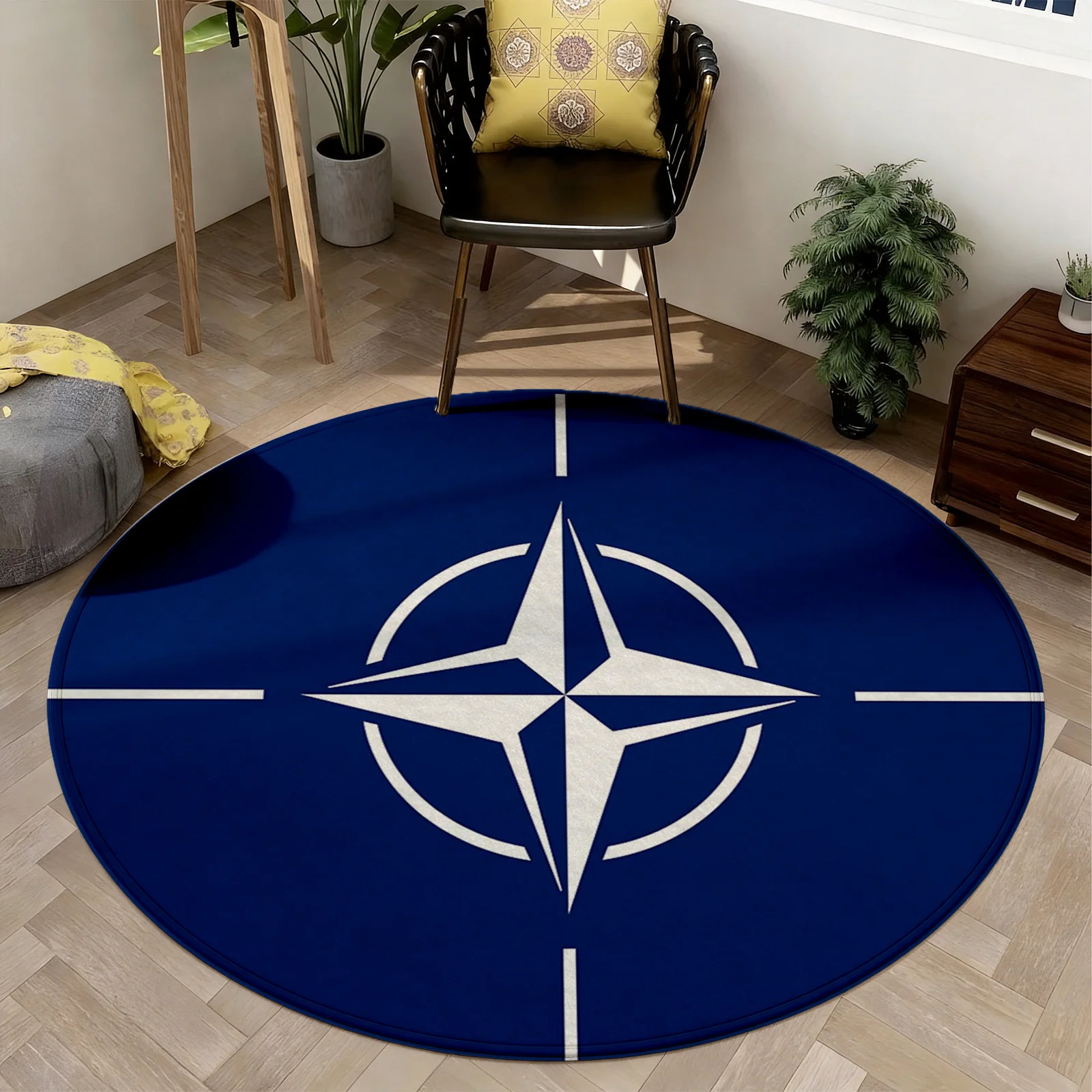Round Geometric Blue Area Rug Carpet Mat Compass Rose Design for Modern Living Room Home Decor Navy Starburst Floor Runner Accen