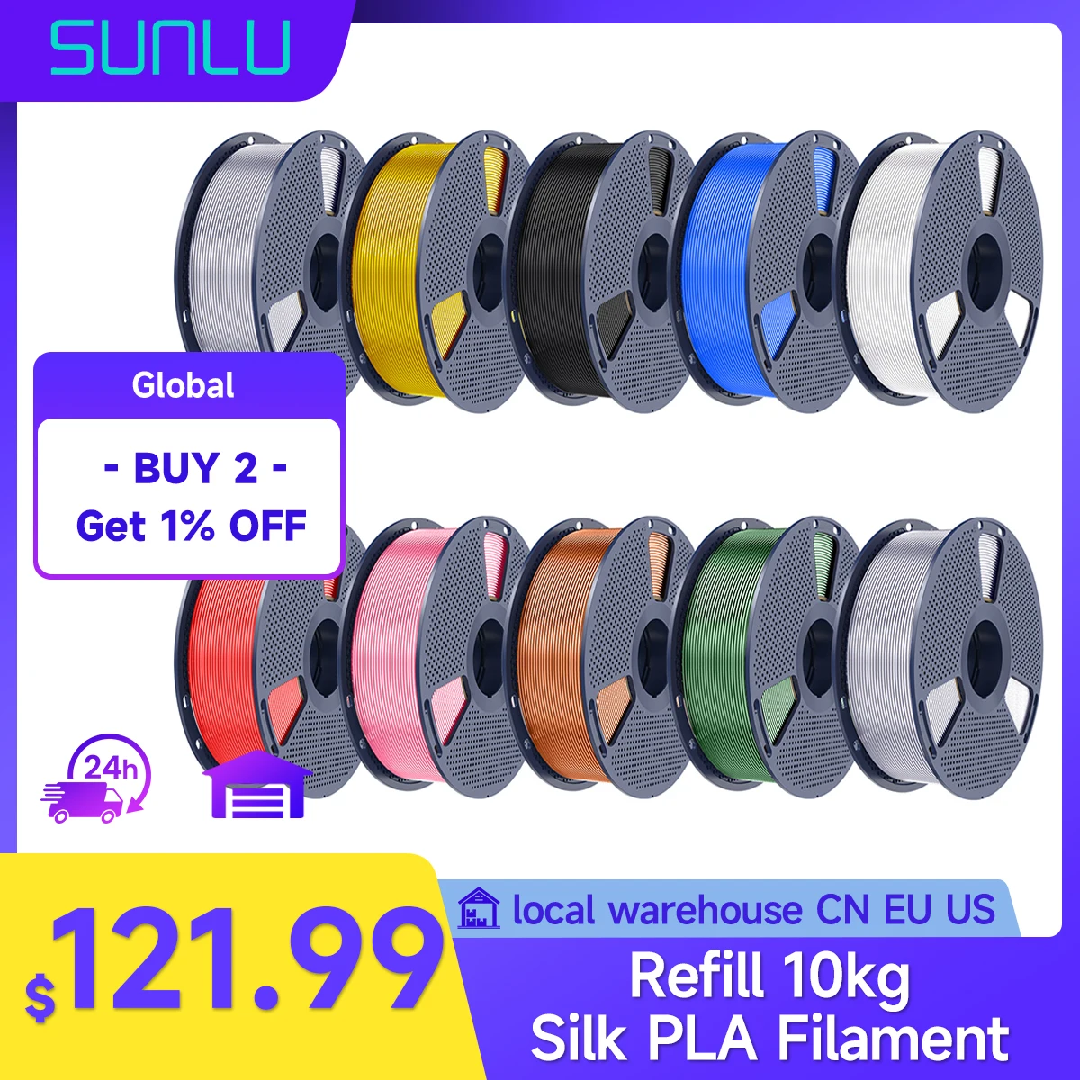 

SUNLU шелковая нить PLA + 10 кг 1,75 мм для лабораторного/реалистического 3D-принтера Bambu, разные цвета, гладкая вакуумная упаковка, быстрая доставка