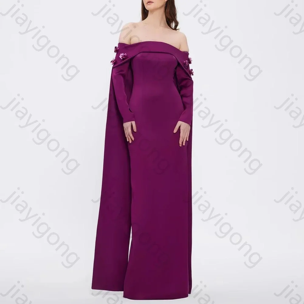 

Elegant Purple 3D Flower Evening Dresses Off Shoulder Long Sleeves Dress Exquisite High Quality Prom Party Gown Women Customized