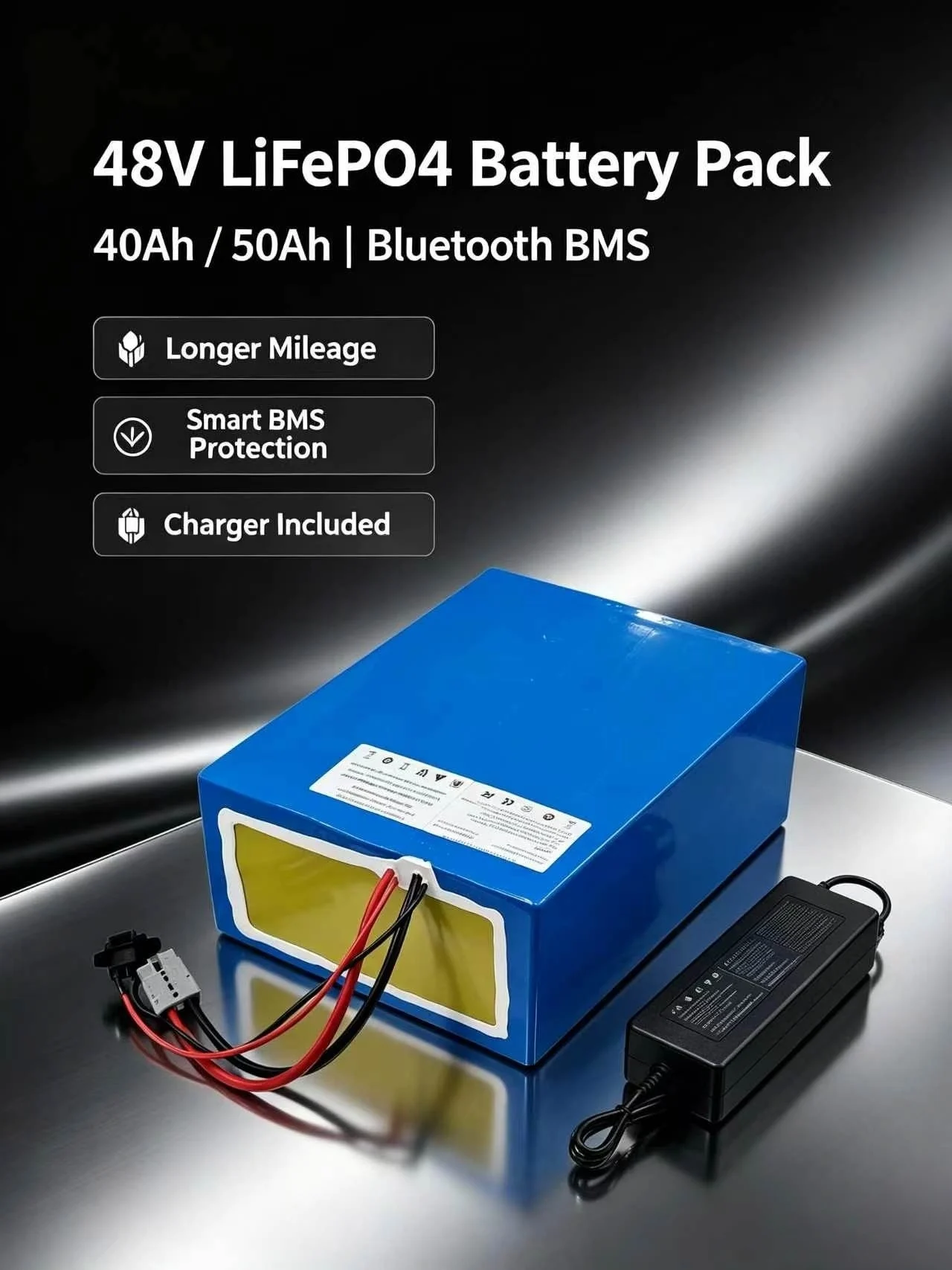 16S 48V 40AH 50Ah Lifepo4 Lithium Battery Pack with 50A 80A Bluetooth BMS APP for 2000W Scooter Bike Tricycle Boat Go Cart