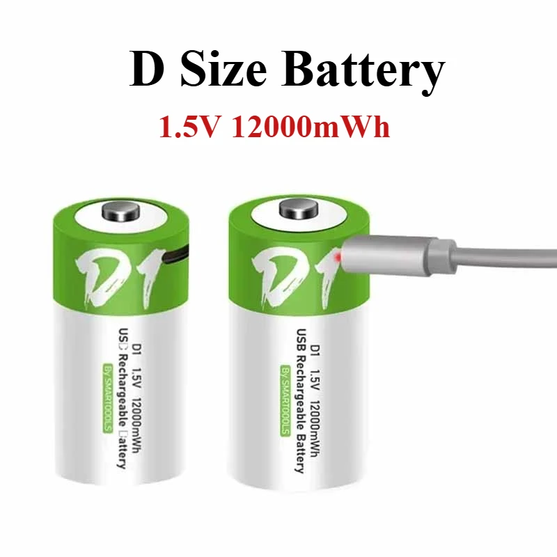 1.5V 12000mWh D SIZE Battery LR20 USB Charging Li-ion Batteria for Natural Gas Stove Domestic Water Heater Flashlight