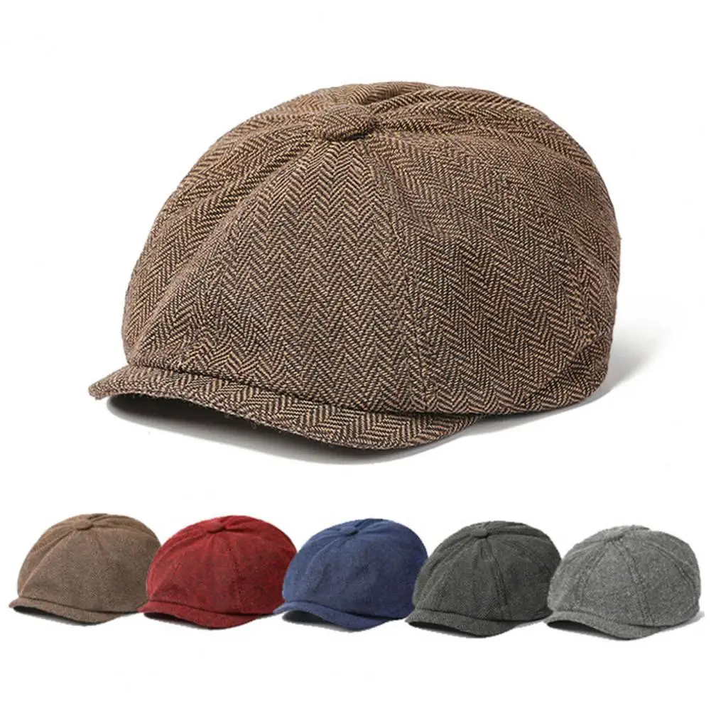 Classic Herringbone Hat Stylish Men's Herringbone Pattern Octagonal Beret Hat with Extended Brim Autumn Winter for Newspaper