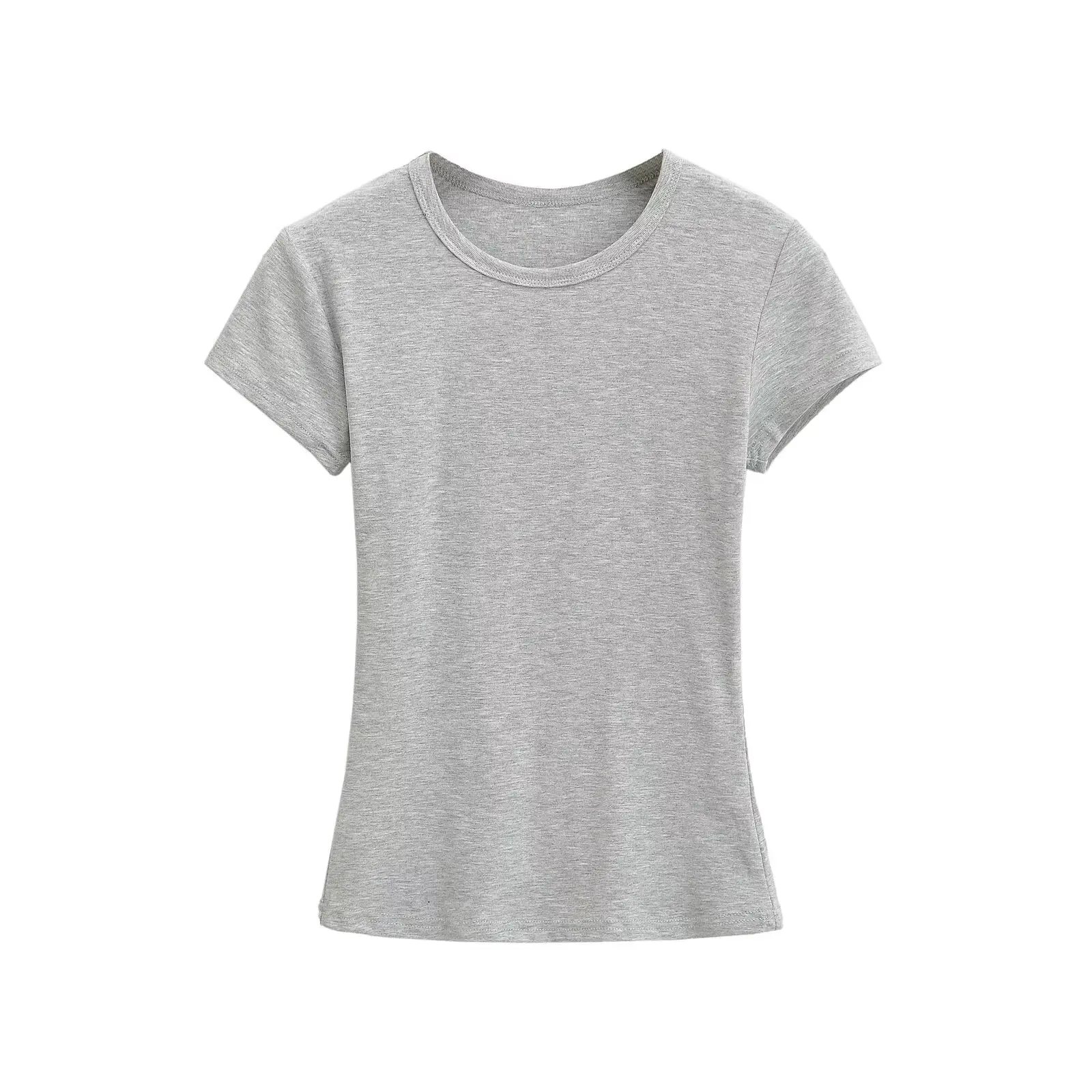 Cseta Fena de Verão Estilo Americano Amarela com Decote Redondo e Manga Curta, Ajuste Slim, Top Base Sexy que Emaece...