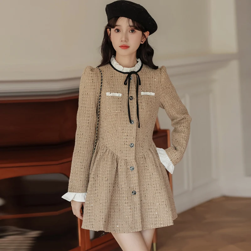 

Luxury Vintage Tweed Dress Women Spring Autumn Long Sleeve Mini Dresses High Quality Vestidos