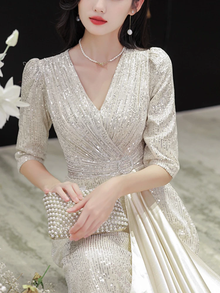 Customized V-neck Sequined Elegant Evening Dress 2024 New Temperament Half Sleeve Patchwork Prom Dresses Celebrity Banquet Gradu