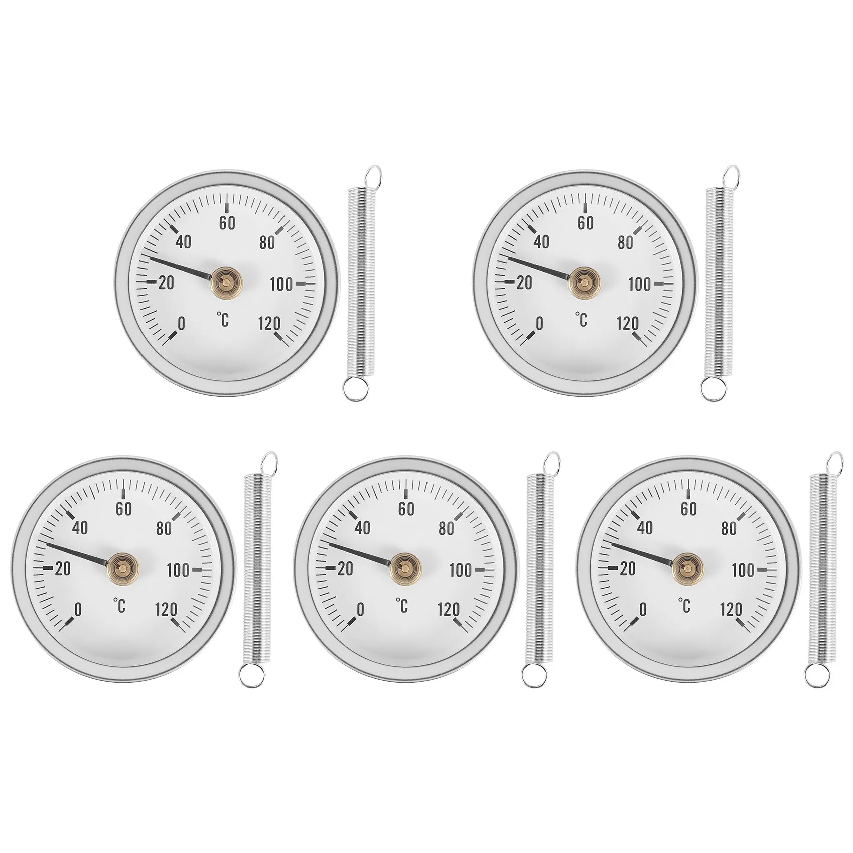 63mm penjepit pipa pada termometer Dial suhu pelat bulat pengukur dengan pegas, rentang 0-120 ℃, casing aluminium, 5 buah Set