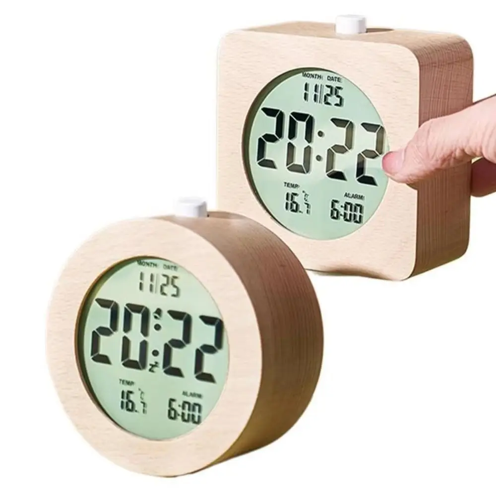 

Round/Square Wooden Alarm Clock Nordic Style Battery Operated Multifunctional Electronic Clock Silent Snooze Mode