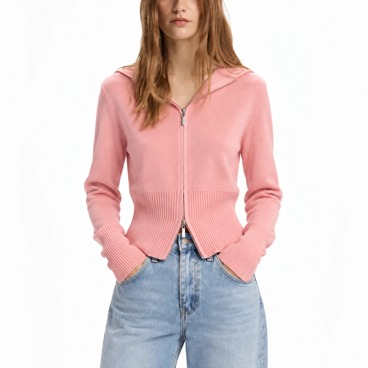 CK Lapel Zip Knit Cardigan Long Sleeve Ribbed Trim Slim Waist Knit Jacket Front Zipper Knitwear Casual Autumn Daily Outfit