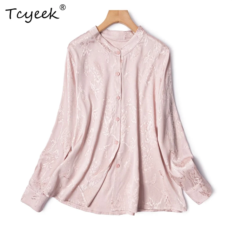 

Tcyeek 93% Mulberry Silk 7% Spandex Spring Autumn Stand Up Collar Long Sleeved Loose Solid Color Women's Shirts Женская Одежда