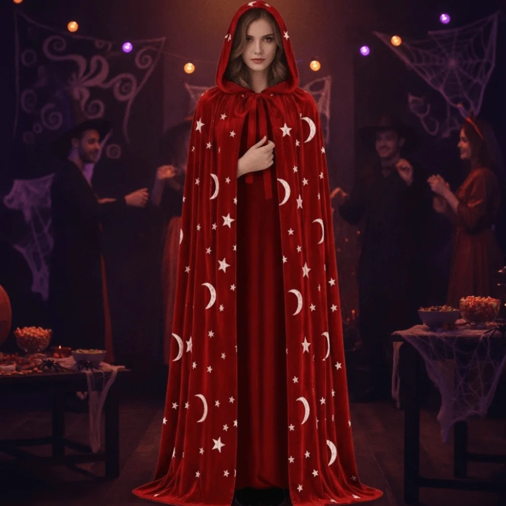 Tie Up Closure Velvet Hooded Cloak Soft Fabric Flowy Drape Gothic Party Apparel Foil Printed Wrinkle Resistant Star Moon Cape
