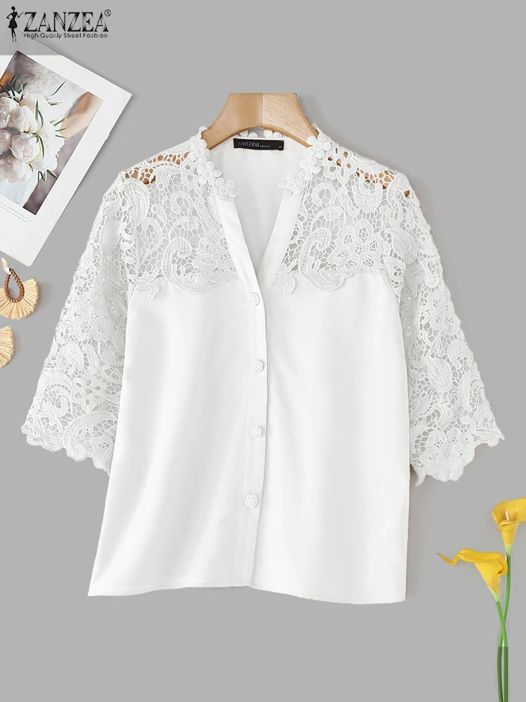 ZANZEA 2025 Mode Vrouwen Elegante Tops Herfst Patchwork Kanten Shirts V-hals 3/4 Mouw Casual Blouse Kantoor Dame Straat Blusas