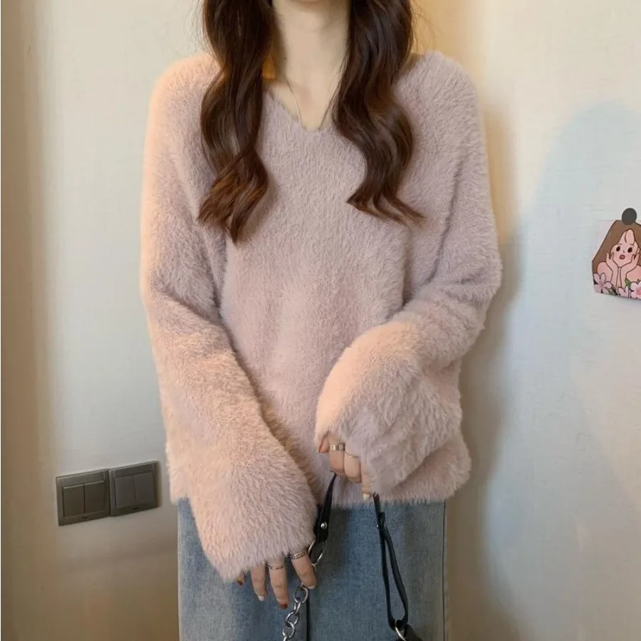 Knitted Sweater Korean Fashion Women Preppy Mink Hair Pullover Autumn Winter Casual Loose Sweet Top Long Sleeve Warmth Knitwear