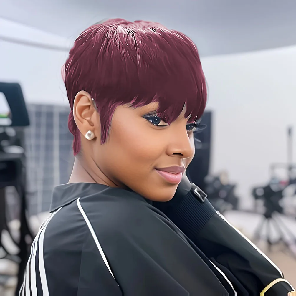 4 # 99J/1Bカラーのピクシーカットストレート人毛ウィッグ、女性用フルマシンメイドウィッグ、ショートレイヤードストレートウィッグ（前髪付き）