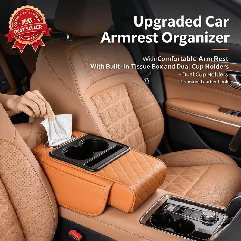 2 Cup Holders Car Armrest Cushion Heightening Pad, Universal Center Console Armrest Cover, All Season Auto Accessory