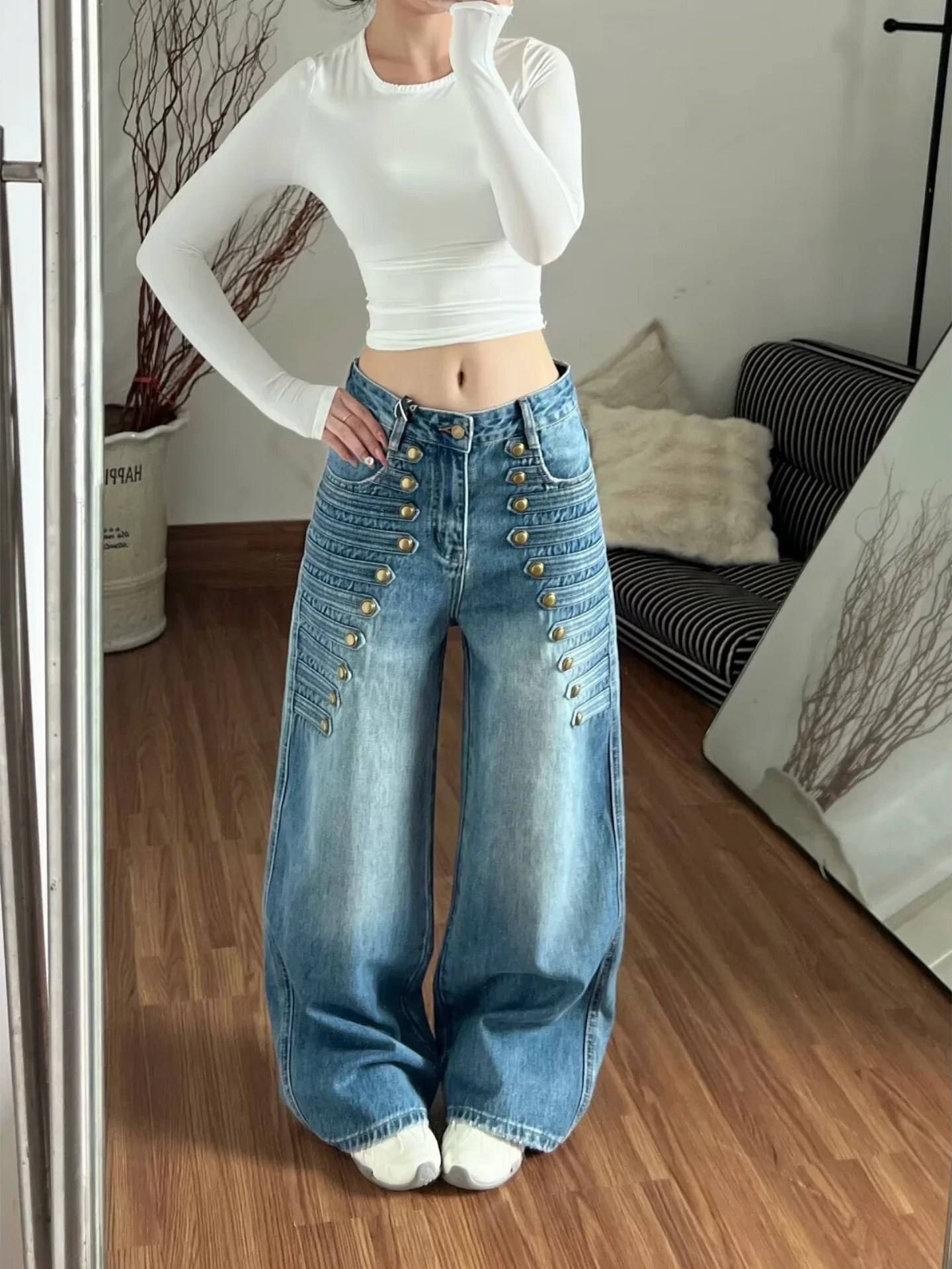 Unisex Y2K Vintage Wide Leg Jeans Men Women Loose Drape Floor Length Denim Pants High Street Casual Straight Trousers