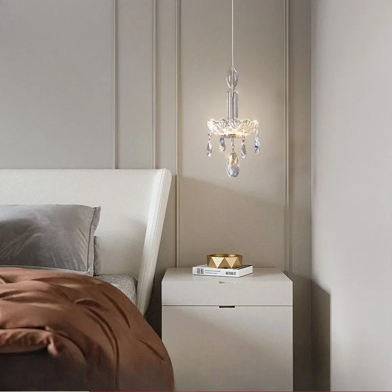 French Luxury Crystal Pendant Long-line Lamp Bedroom Bedside Small Chandelier High-end TV Background Wall Decorative Lamp