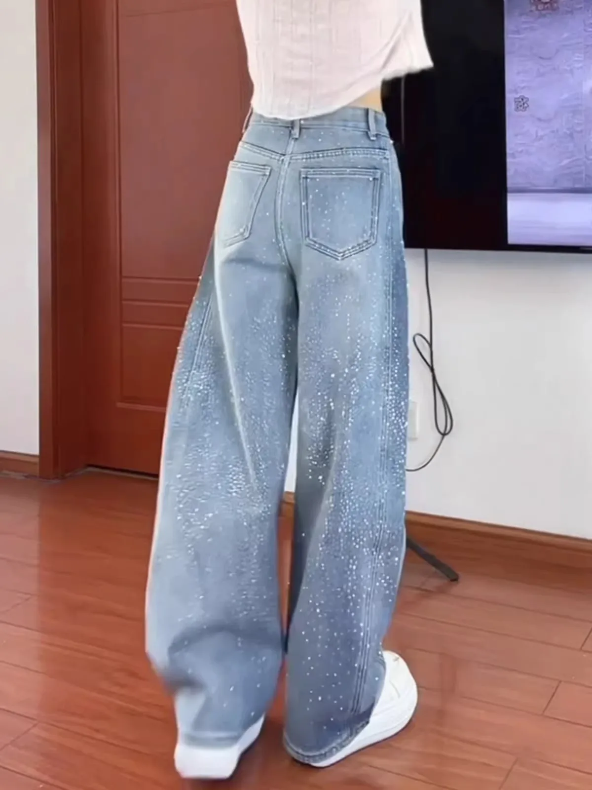 Shiny Diamond Wide Leg Jeans Women's High Waist Floor Length Straight Cut Trousers Spring New Style Elegant Fashion Ladies