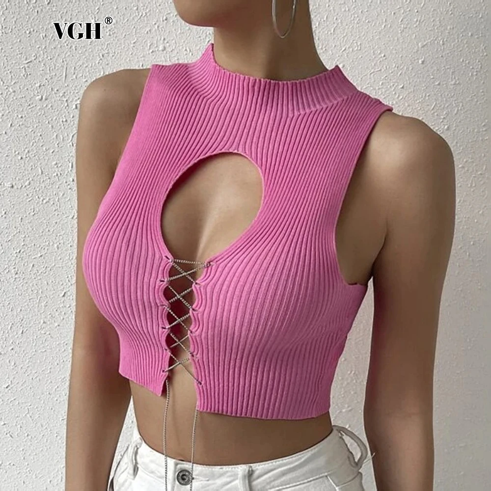 VGH Sexy Slimming Vests For Women Round Neck Sleeveless Hollow Out Spliced Chain Soild Knitting Short Tops Female Fashion Style