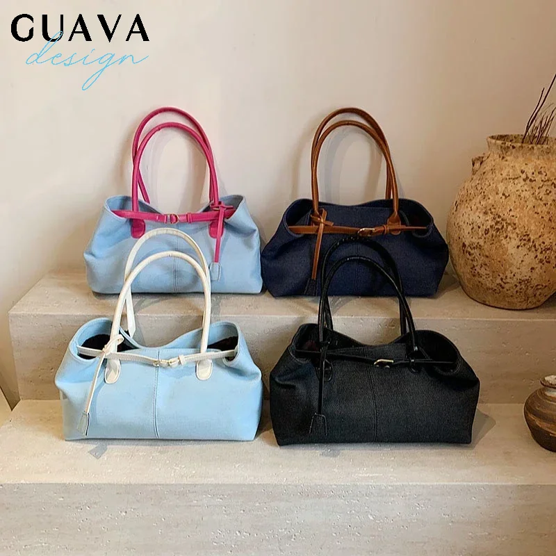 

Leisure Large Capacity Denim Handbags For Women New Commuter Versatile Single Shoulder Underarm Bags Retro Contrast Tote Bag