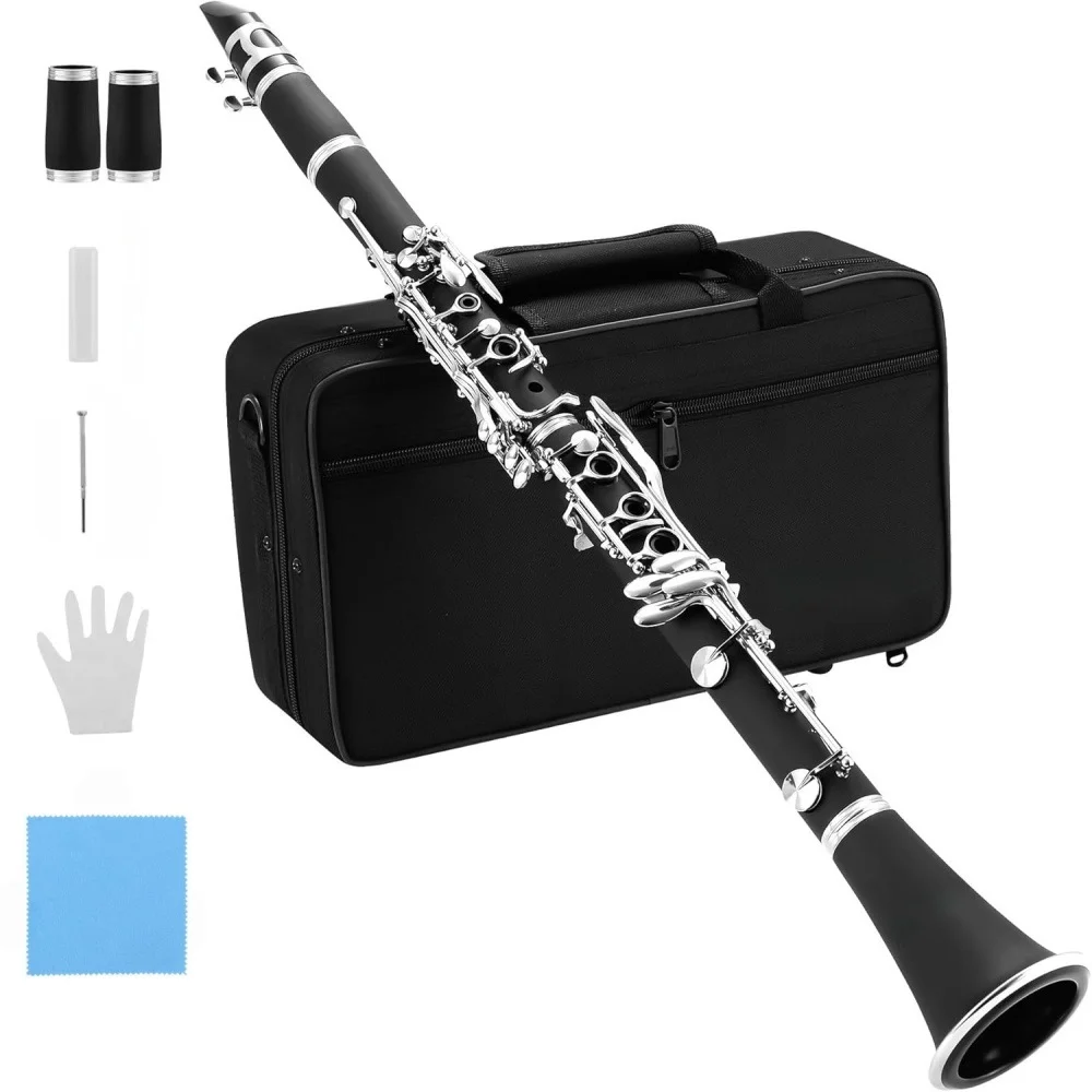 17 Keys Bb Clarinet Nickel Plated Bakelite Body with Double Adjustment Barrels, Beginner Clarinet for Kids &  & Performance