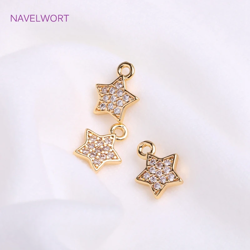 14K Gold Plated 7.5mm Cute Pentagram Earring Charms Inlaid Zircon Tiny Star Pendants DIY Jewelry Making Accessories Wholesale