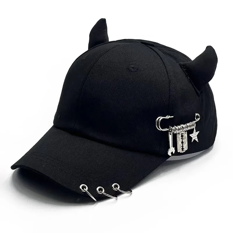 

Personalized cow horn iron ring baseball cap versatile curved eave duck tongue hat for men and women street hip-hop hat