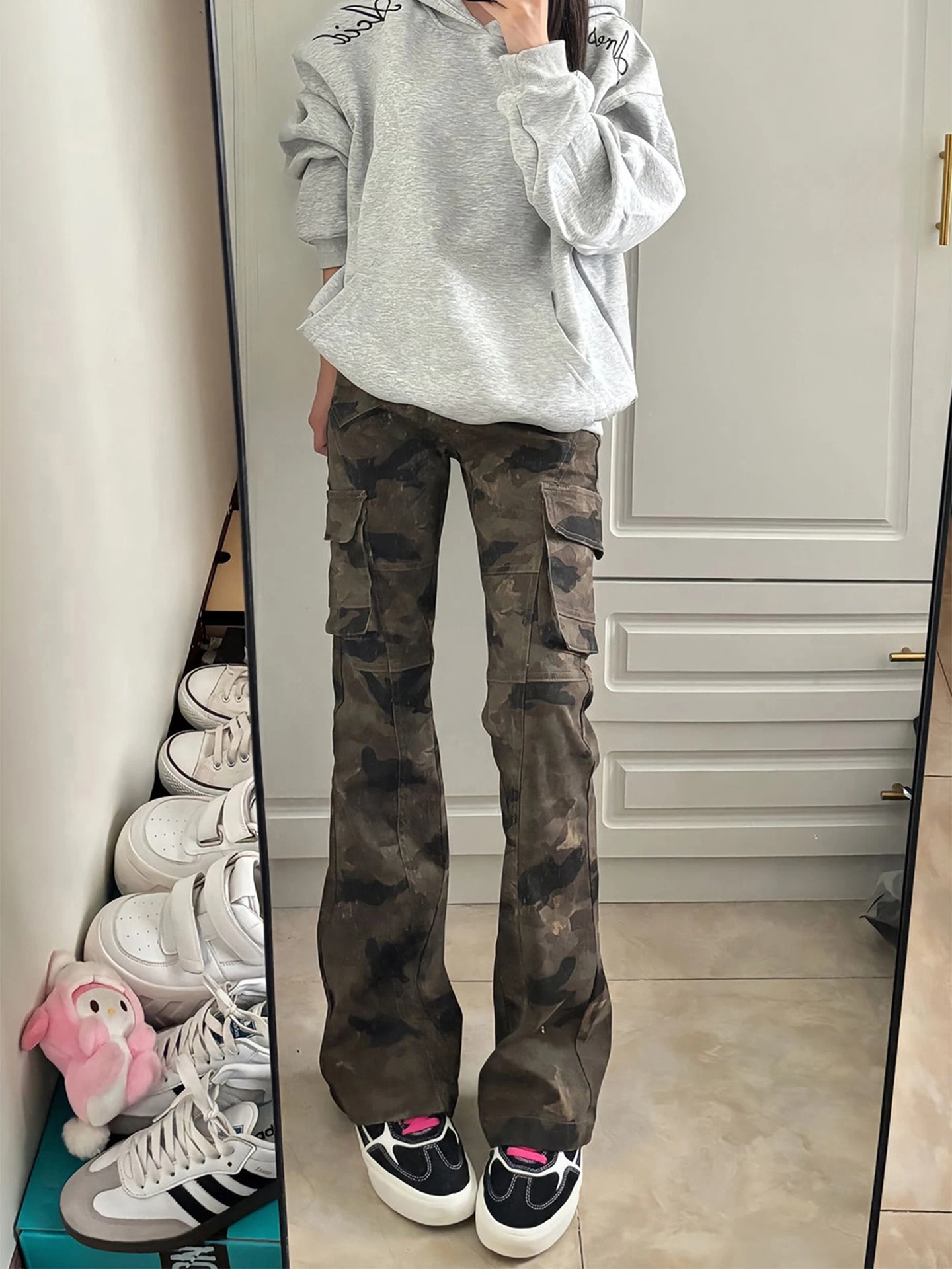American Retro Camouflage Work Pants Men Women Autumn Haome High Street Vibe Slimming Knife  Flared Jeans Casual Wear