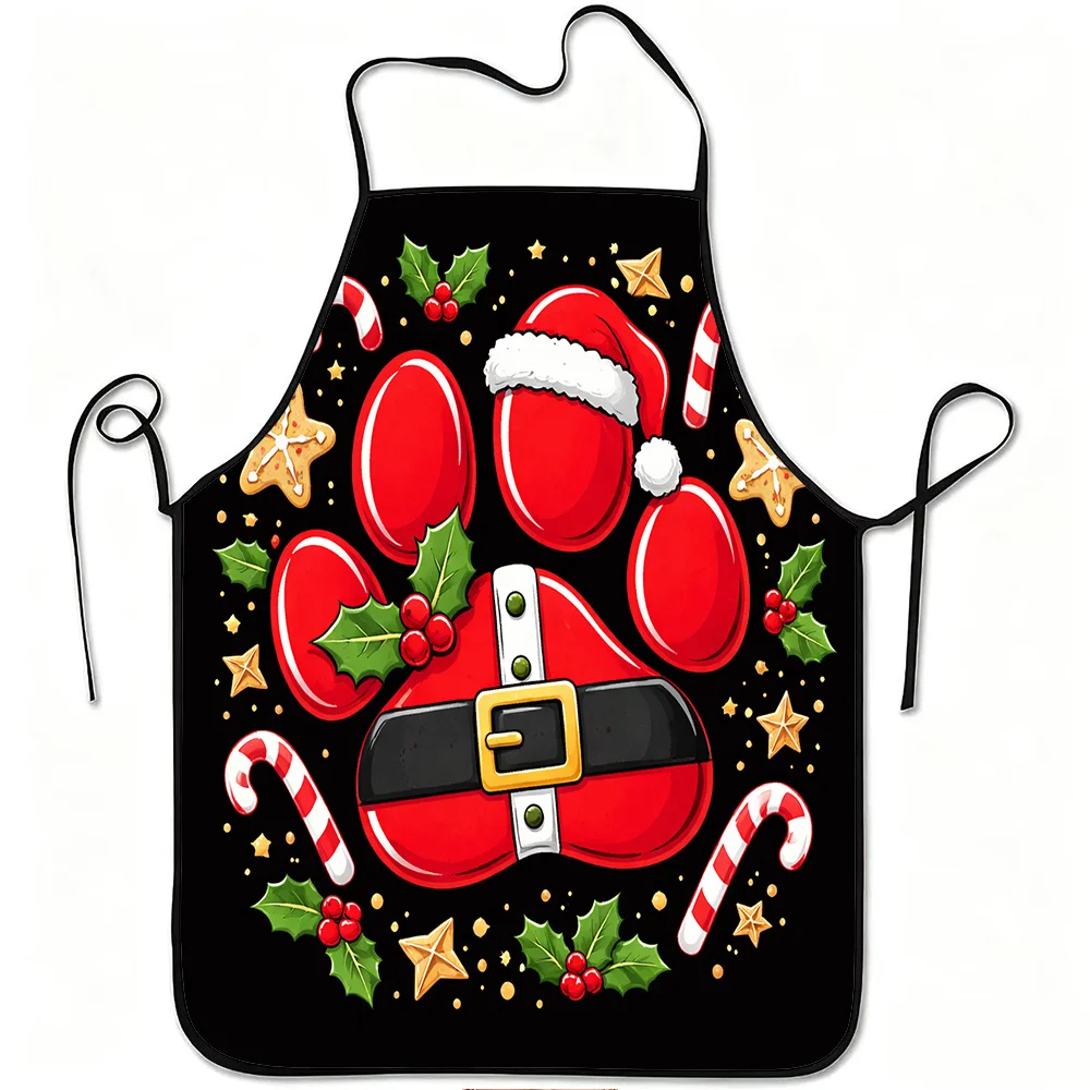 1pc Of An Apron Featuring A Santa Paw Design With Candy Canes, Holly, And Star Cookie Prints. It'S Made From Durable Polyester,