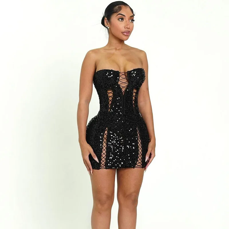 Doyerl Glitter Sequin Dress Woman Birthday Rave Strapless Lace-up Hollow Out Night Club Party Bandage Bodycon Mini Dress Vestido
