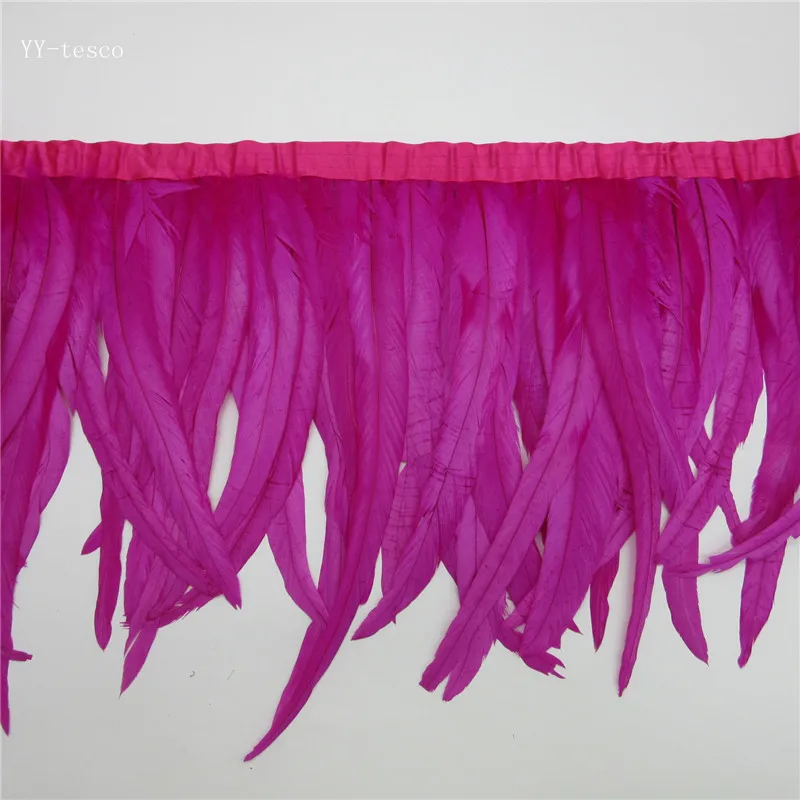 

wholesale 10 yards long Rose high quality natural rooster feather trims trimming with Satin Ribbon 30-35cm for women skirt